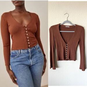 Reformation Gellar Knit Brown Crop Top Button Down Cardigan Size Xs